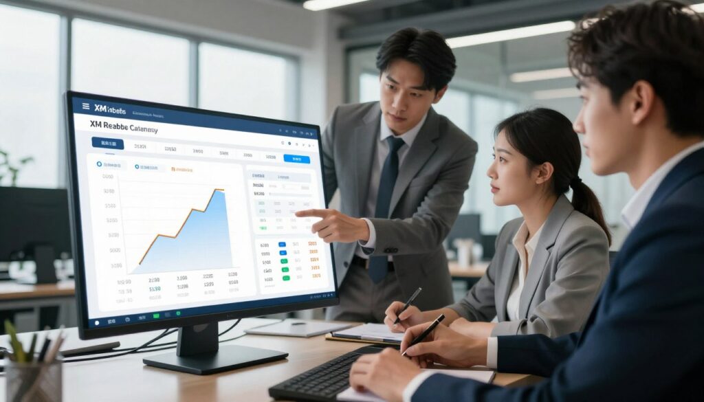 A detailed illustration of the XM rebate calculation process in a modern office setting. The foreground features a sleek, digital interface displaying charts and graphs that represent rebate calculations, with numerical data highlighting savings. In the middle ground, two professionals in business attire analyze the screen, one pointing to a specific data point while the other takes notes. The background depicts a bright and spacious office with large windows allowing natural light to flood the room. The atmosphere is focused and collaborative, conveying a sense of efficiency and professionalism. The image should have soft, ambient lighting enhancing the digital screens, captured from a slightly elevated angle for a clear view of both the interface and the professionals.