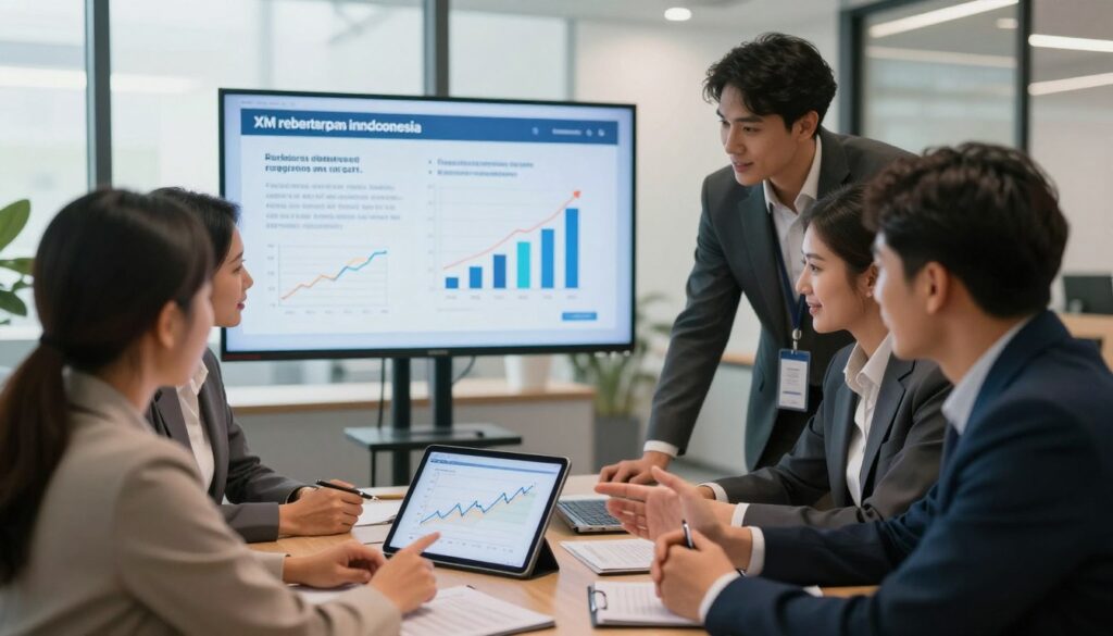 A professional business setting showcasing the benefits of the XM rebate program in Indonesia. In the foreground, a diverse group of individuals in professional attire discussing financial strategies, with one person pointing at a digital tablet displaying graphs and positive trends. In the middle ground, a large screen reveals clear, visually appealing infographics about rebates, gains, and financial growth. The background features a sleek, modern office space with large windows allowing soft, natural light to filter through, creating a warm and inviting atmosphere. The angle is slightly from above, giving a comprehensive view of the interaction, highlighting enthusiasm and collaboration among participants in a productive environment. The mood is focused yet optimistic, emphasizing teamwork and financial success.